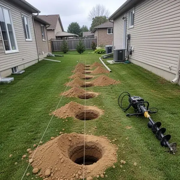 Augered deck footing holes dug with mini excavator
