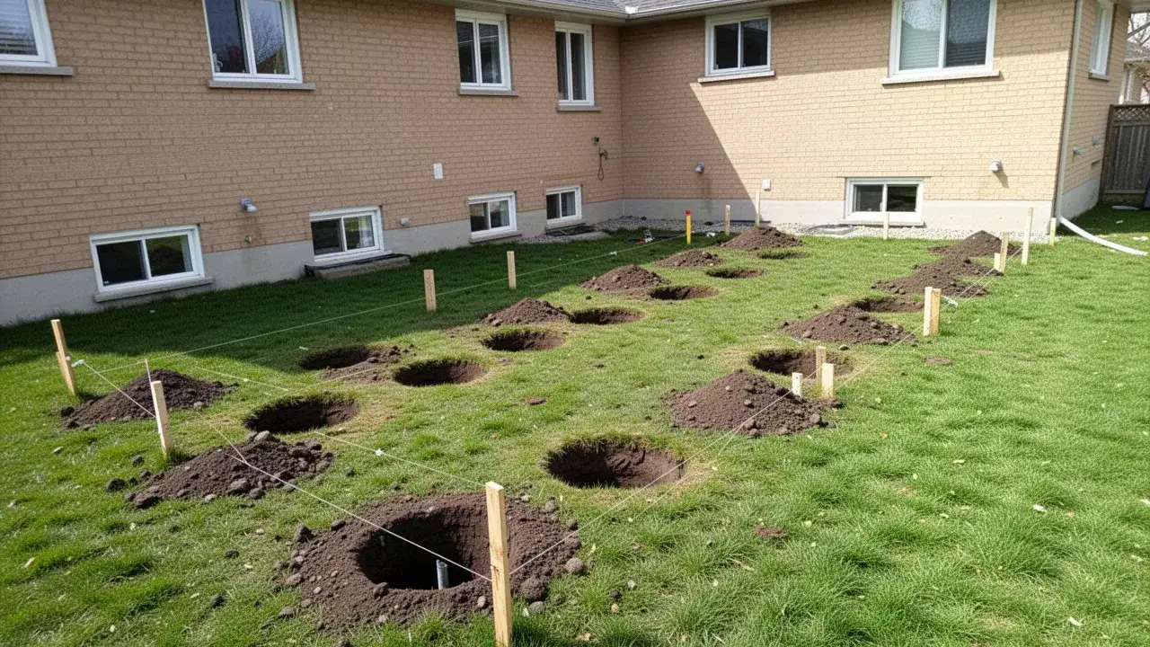 Augered deck footing holes in Cambridge backyard