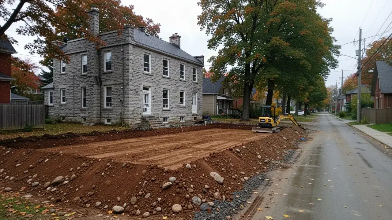 Backfilled foundation beside limestone house in Guelph