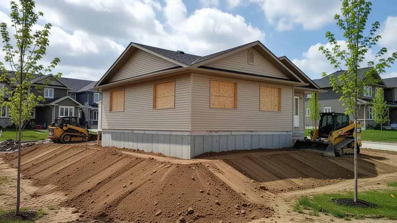 Backfilled new home foundation graded away in Cambridge