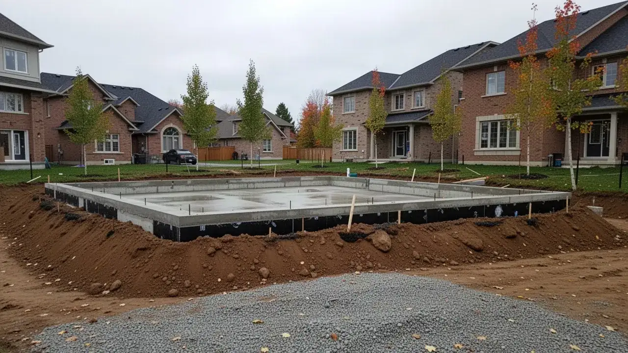 Backfilled new home foundation on residential lot in Cambridge