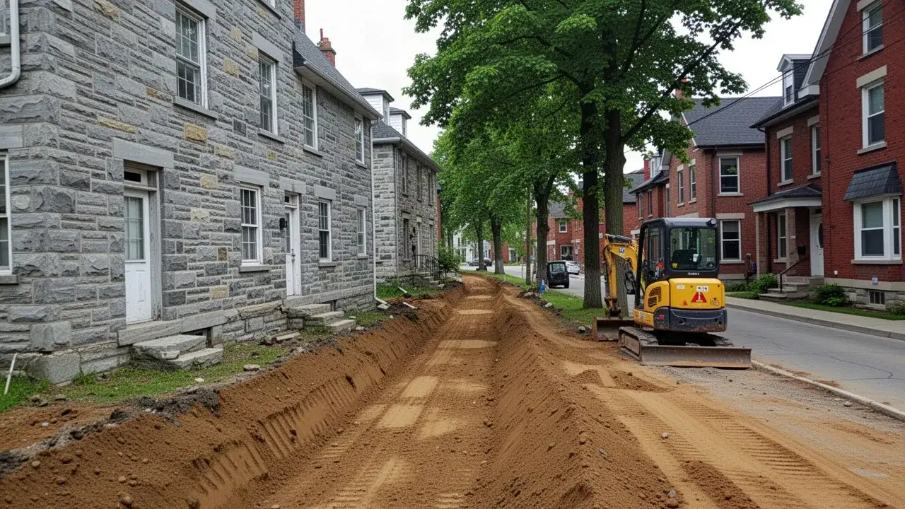 Backfilled trench beside historic stone home in Galt, Cambridge