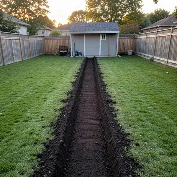 Backfilled utility trench with fresh topsoil to backyard shed