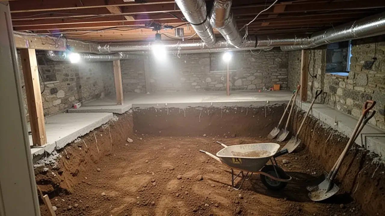 Basement lowering dig-out under older Cambridge home