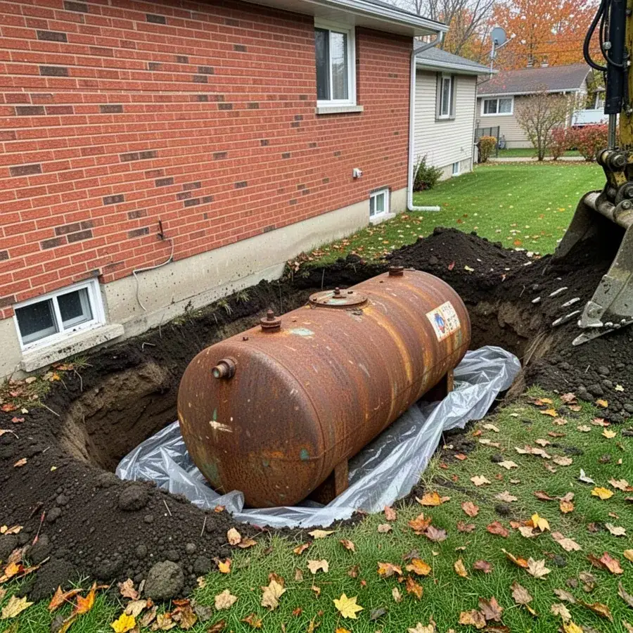 Buried heating oil tank removal beside brick house