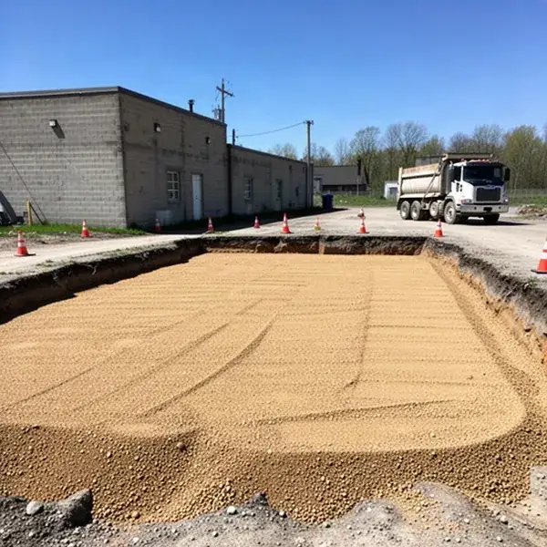 Clean backfill restoring remediated industrial lot excavation