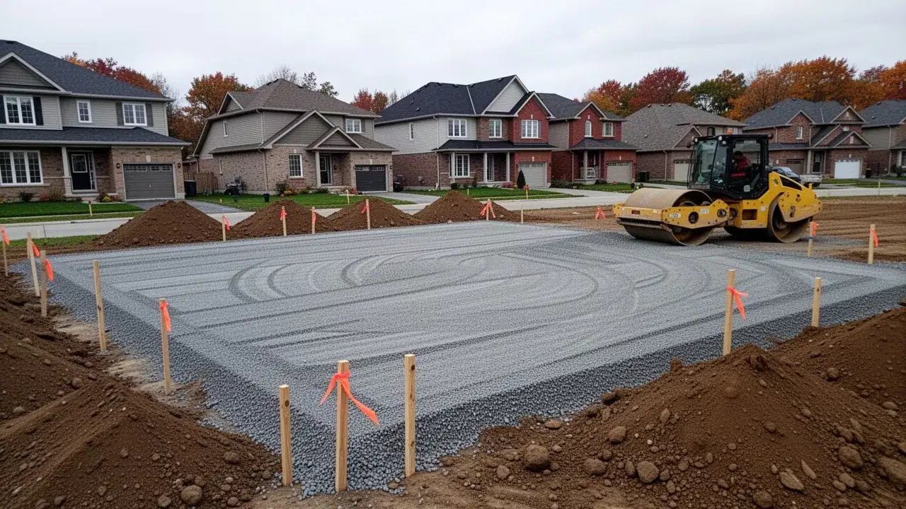 Compacted granular building pad ready for construction in Cambridge