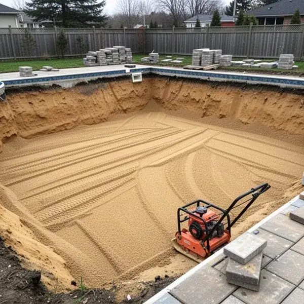 Compacted granular fill in removed swimming pool hole