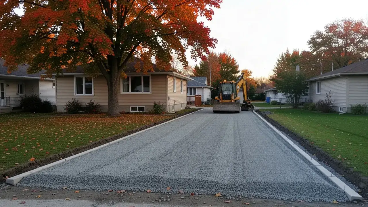 Compacted gravel driveway base at Cambridge bungalow