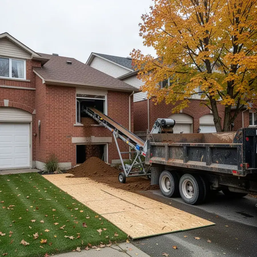 Conveyor removing soil through basement window during excavation