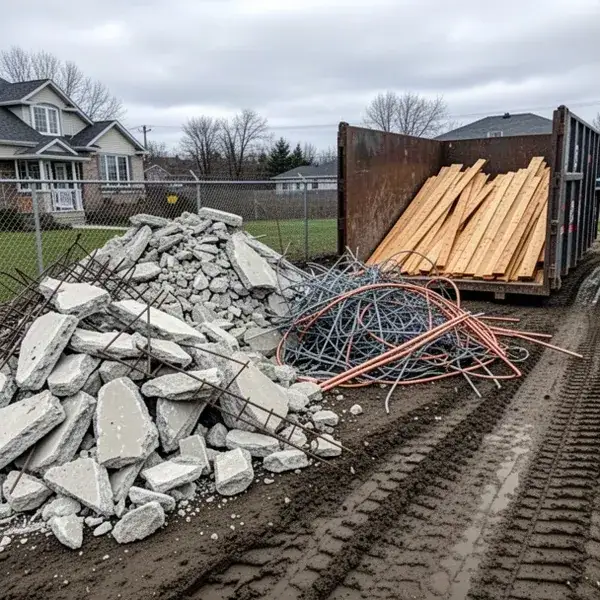 Demolition debris sorted into concrete metal and wood