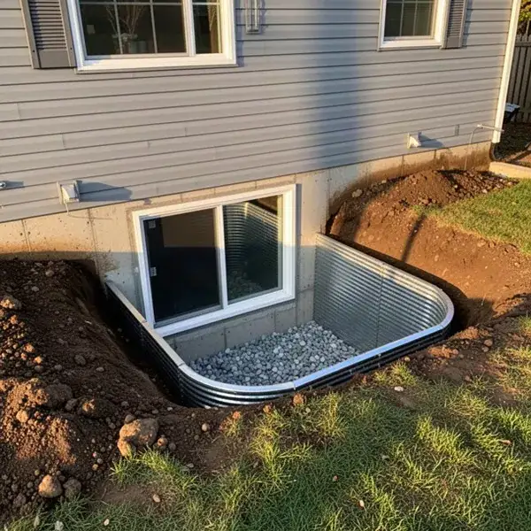 Egress window well with clear stone beside basement wall