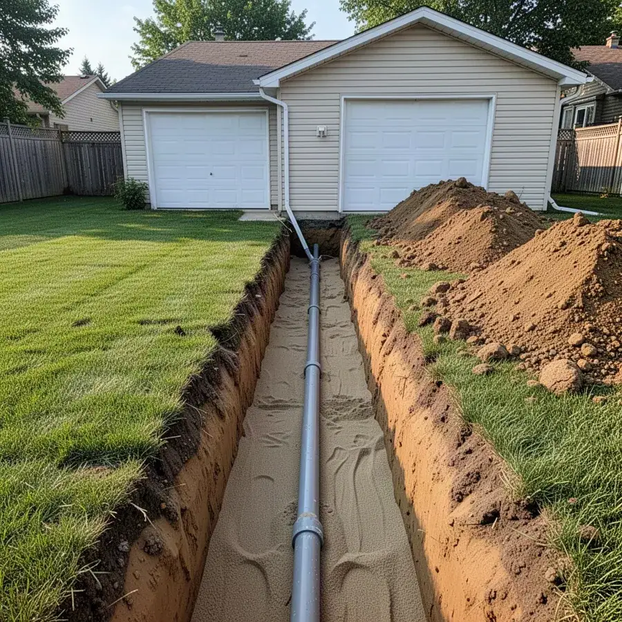 Electrical conduit on sand bedding in trench to garage