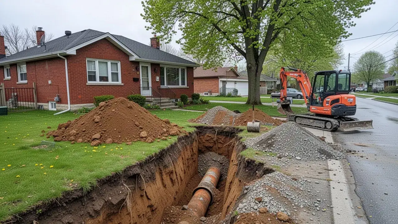 Excavated clay sewer lateral beside Cambridge brick bungalow