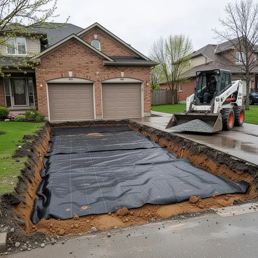 Excavated driveway lined with geotextile fabric before granular base