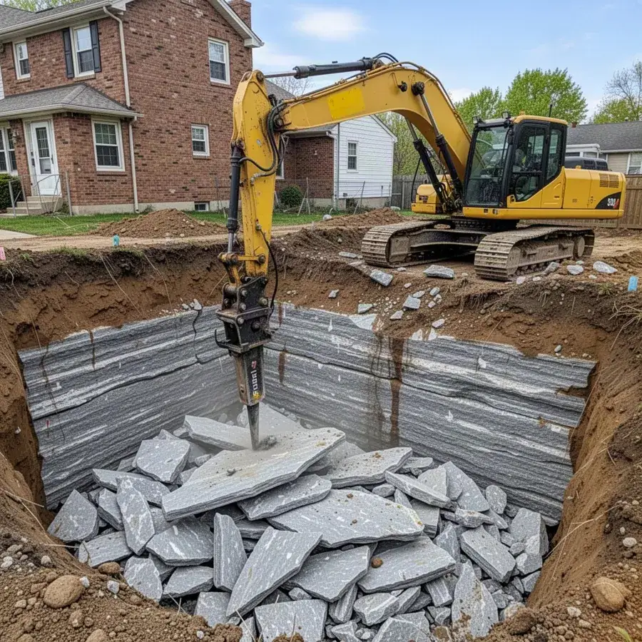 Excavator breaking dolostone bedrock in Guelph foundation dig