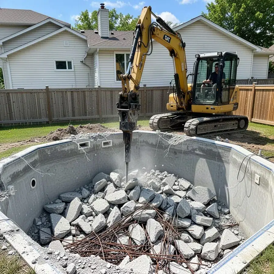 Excavator breaking out concrete inground pool shell during removal
