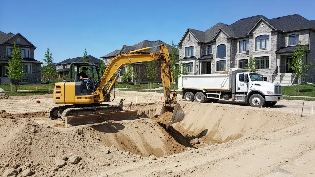 Excavator digging custom home foundation in west Waterloo