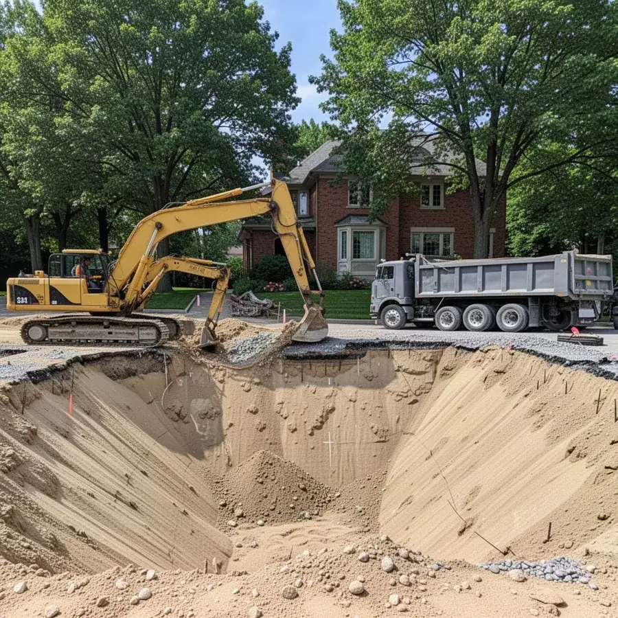 Excavator digging foundation in sandy moraine soil, Waterloo Region