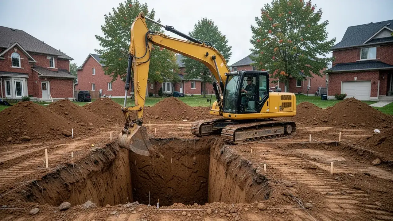Excavator digging new house foundation in Cambridge subdivision