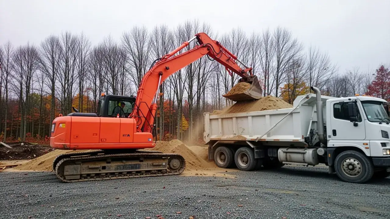Excavator loading dump truck on Waterloo Region commercial lot