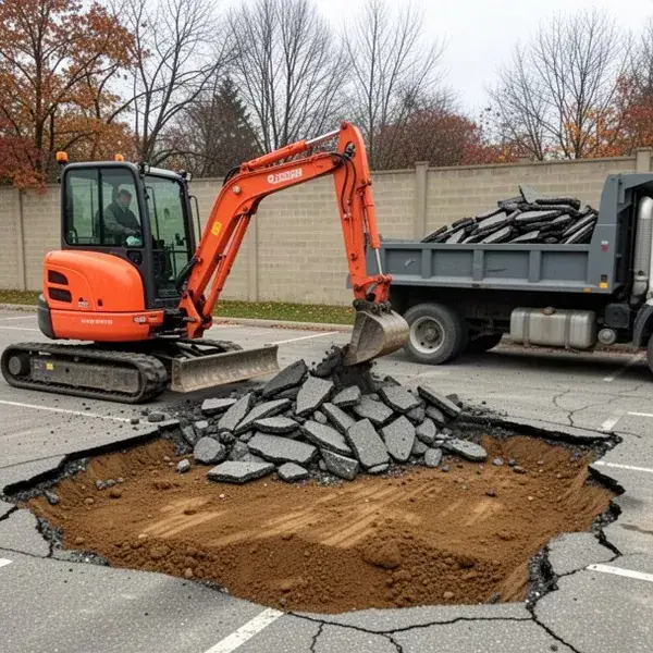 Excavator removing failed asphalt from Kitchener parking lot