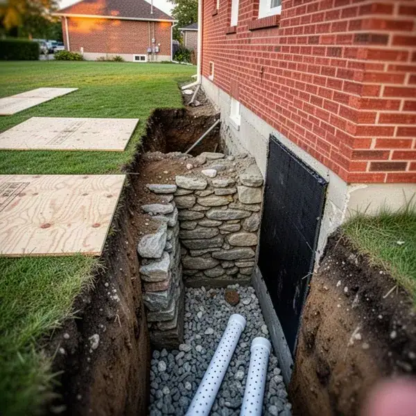 Exposed fieldstone foundation at Preston brick home in Cambridge