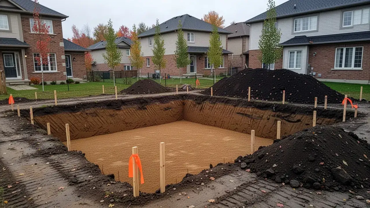 Finished foundation excavation with survey stakes in Cambridge