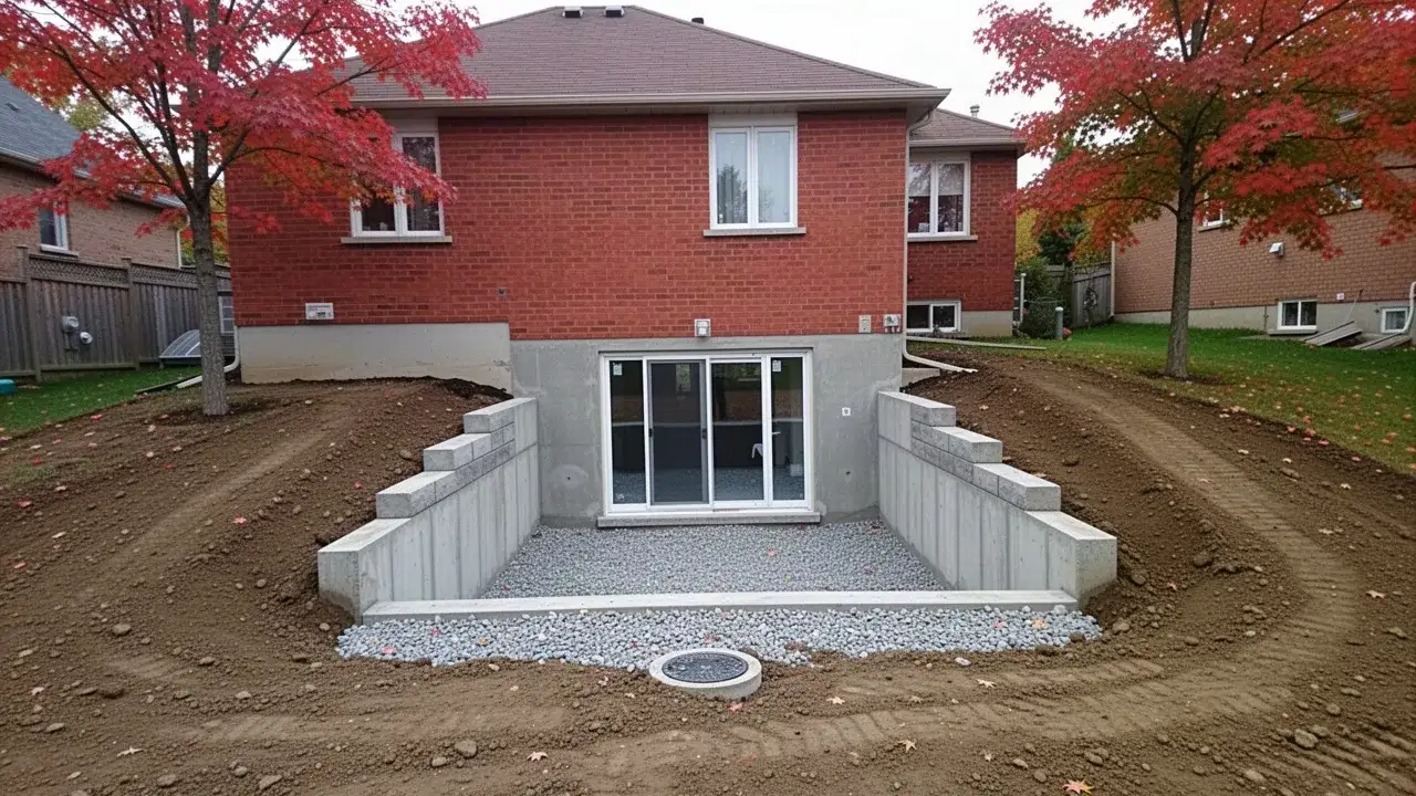 Finished walkout basement entrance with retaining walls in Cambridge