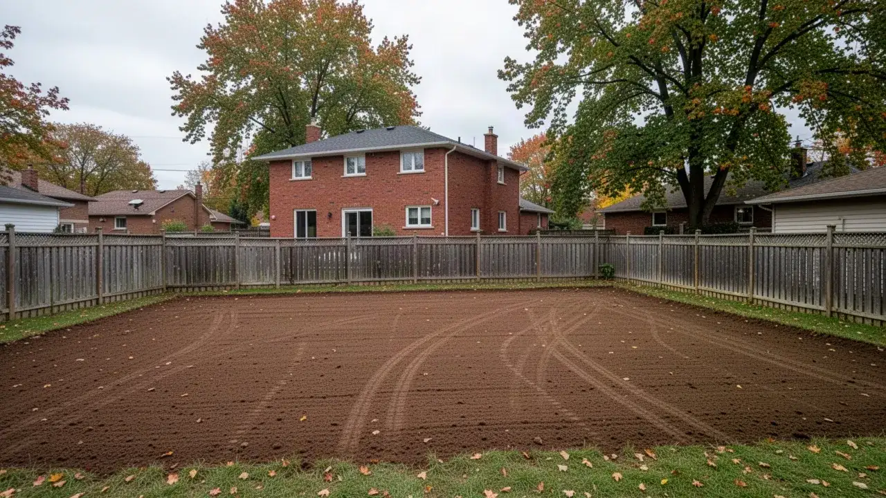 Former inground pool area graded with topsoil in Cambridge backyard
