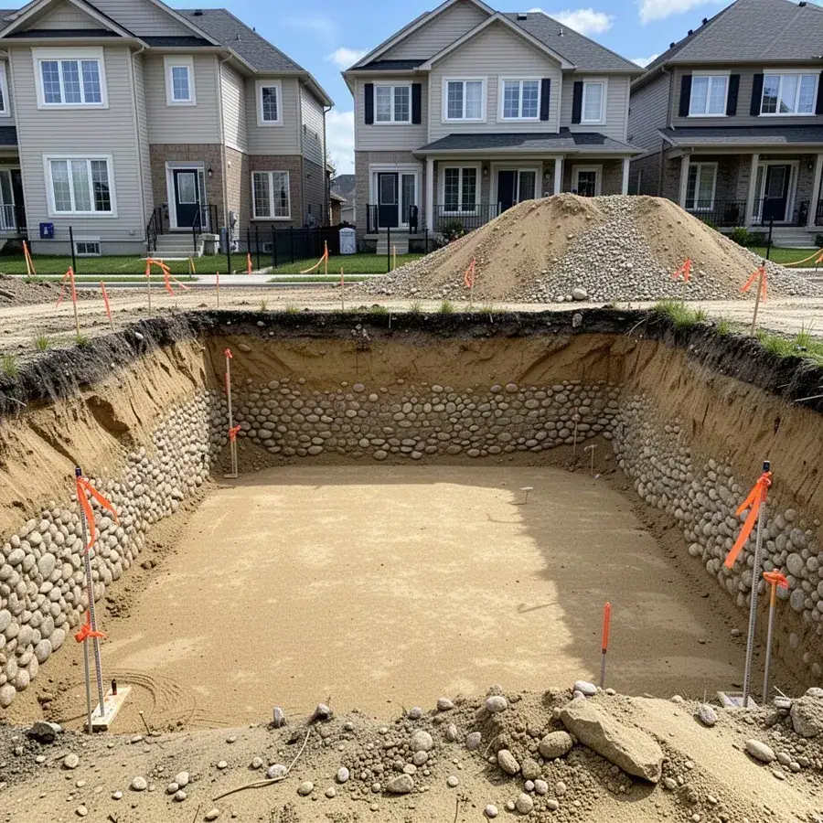 Foundation dig in sand and gravel in Hespeler, Cambridge
