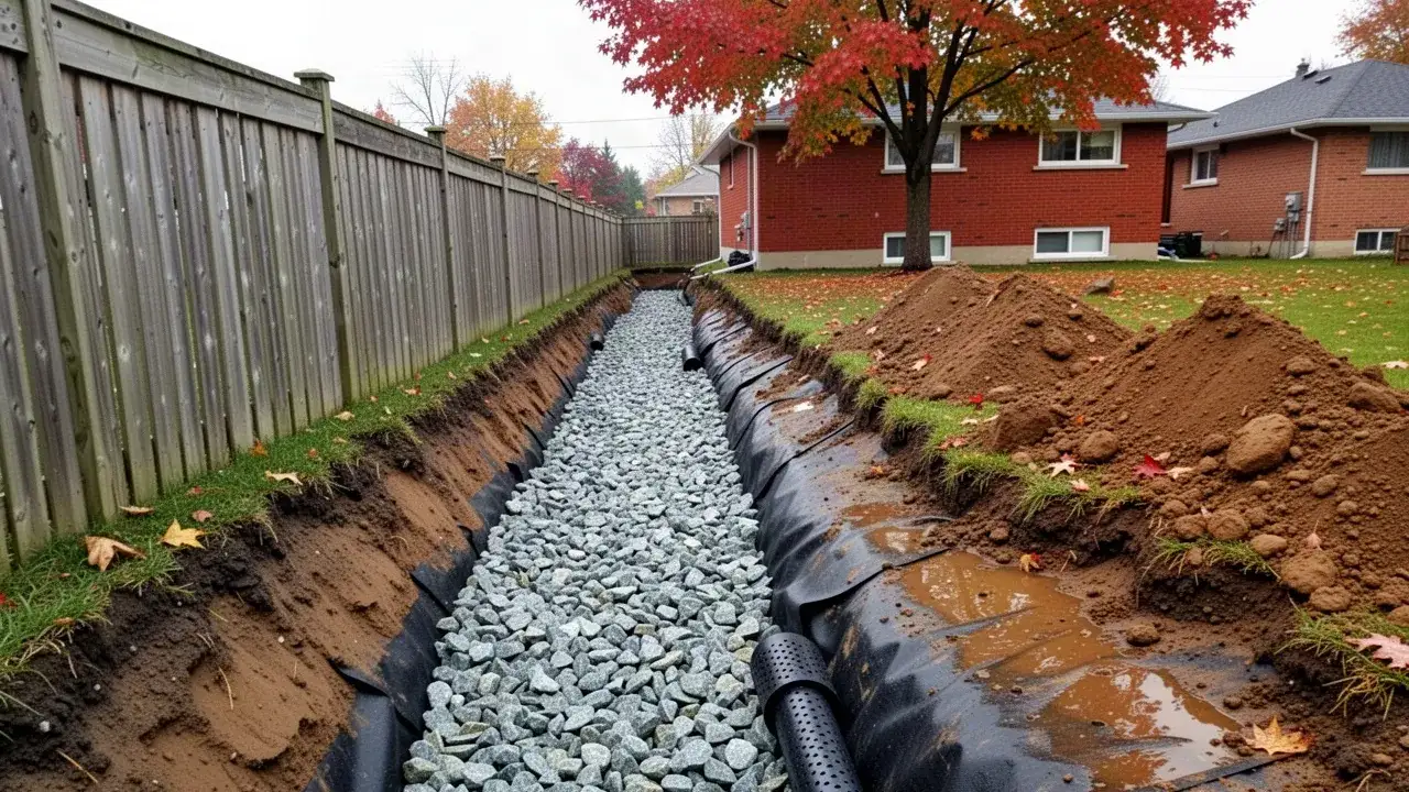 French drain installation trench with clear stone in Cambridge yard