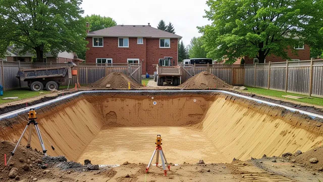 Freshly dug inground pool excavation in Cambridge backyard