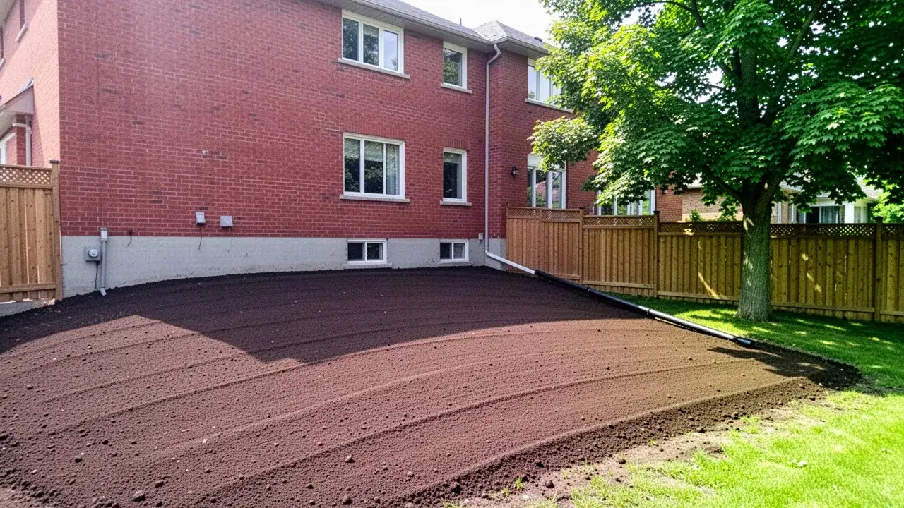 Freshly graded backyard sloping away from house in Cambridge