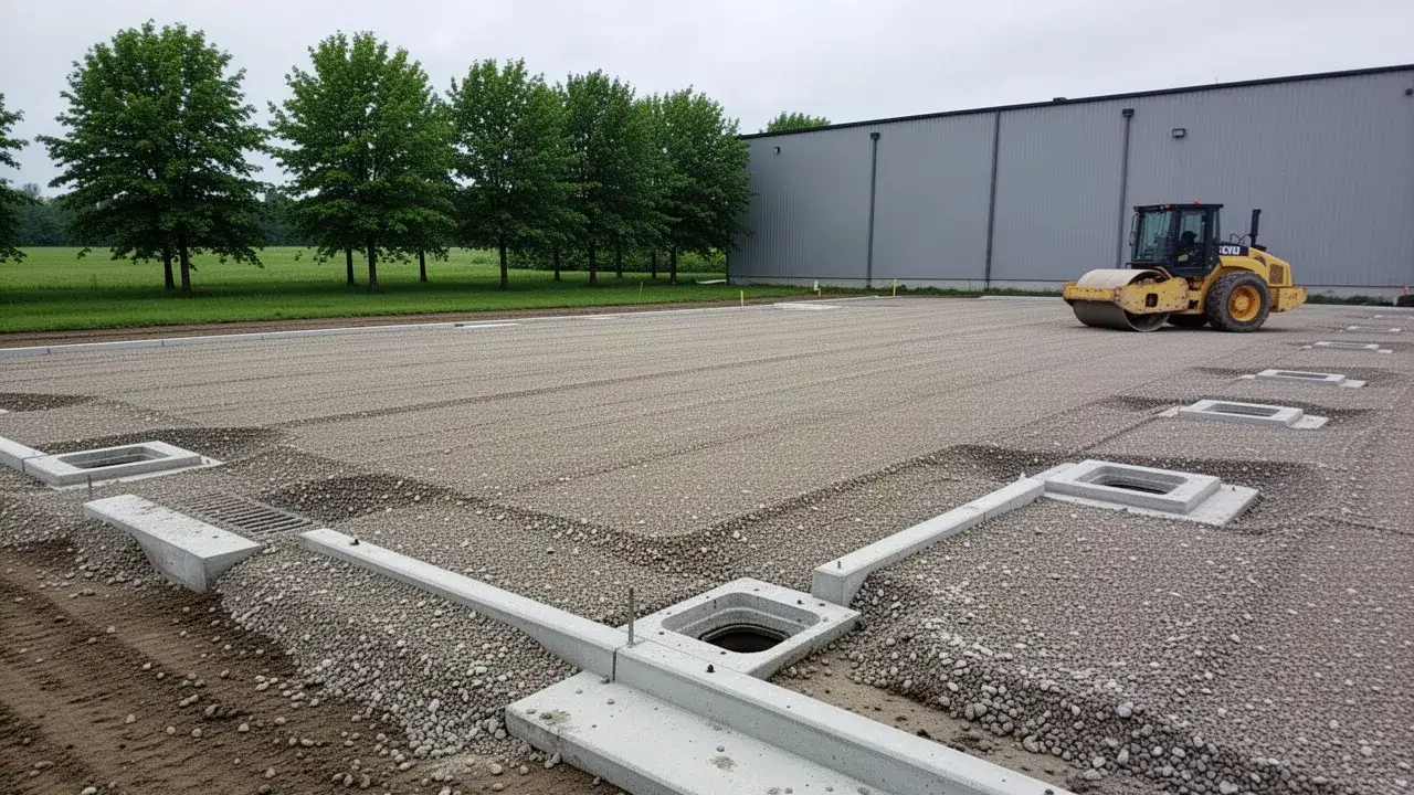 Graded granular base for new commercial parking lot in Cambridge