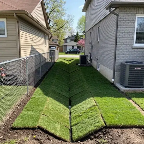 Graded grass swale between two homes in Waterloo
