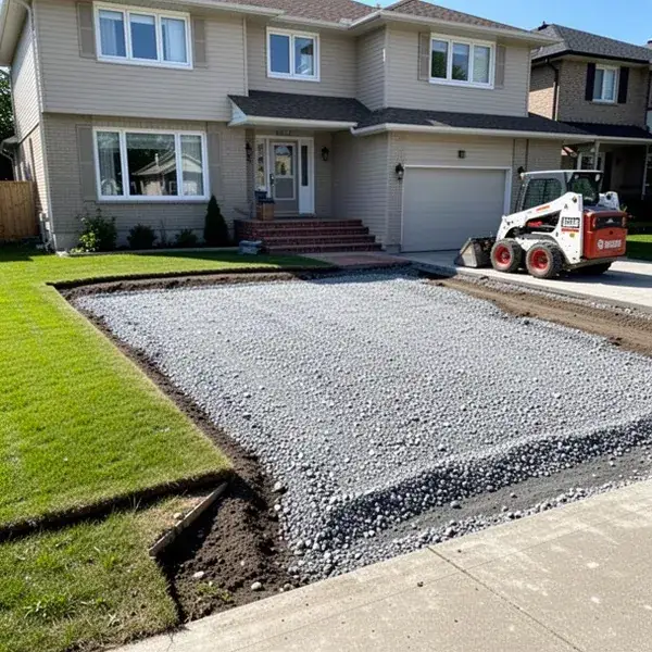 Graded gravel base after concrete driveway removal in Waterloo