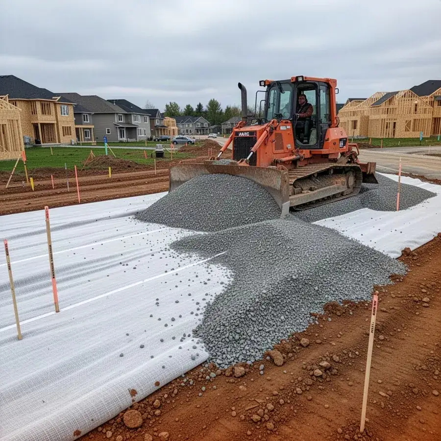 Granular B subbase spread over geotextile on subdivision road