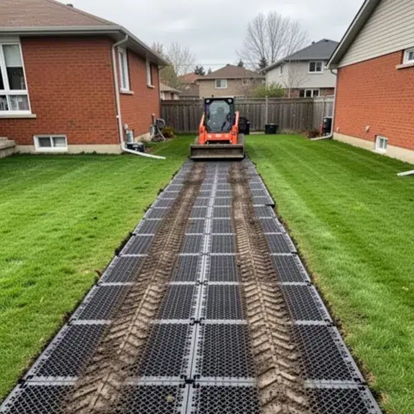 Ground protection mats across lawn for residential excavation