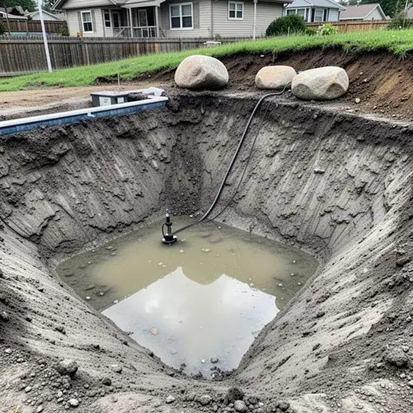 Groundwater pooling in clay bottom of pool excavation