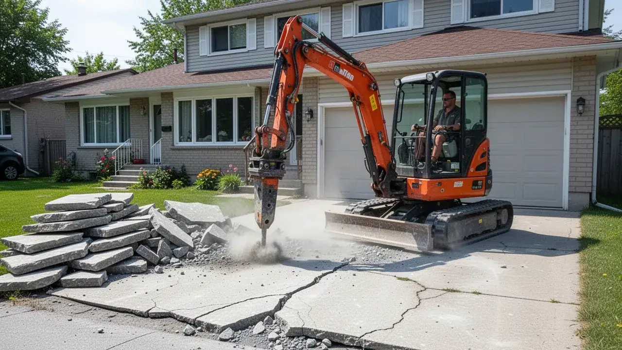 Hydraulic breaker removing concrete driveway in Cambridge
