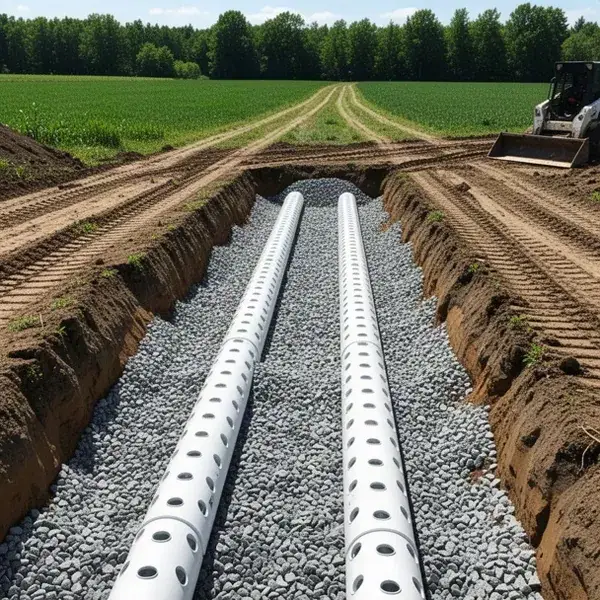 Leaching bed distribution pipes on clear stone