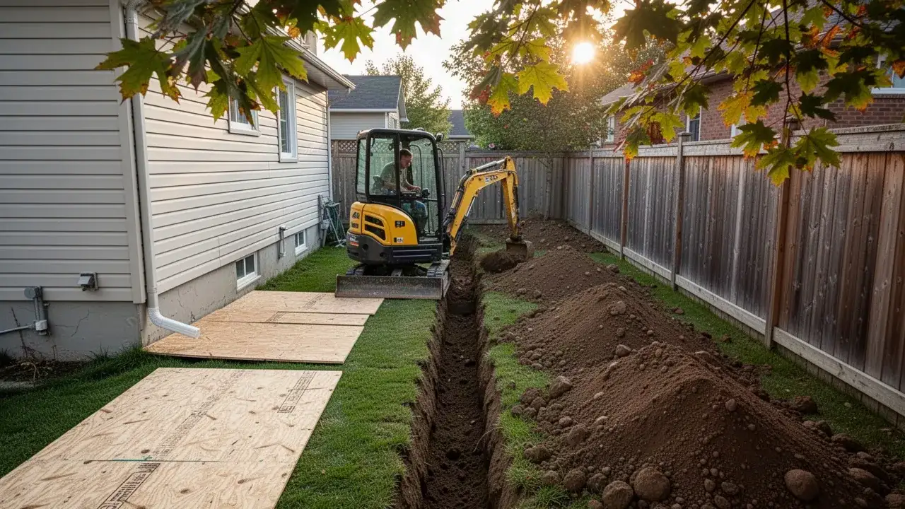 Mini excavator digging narrow trench in Cambridge side yard