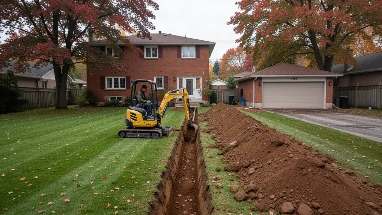 Mini excavator digging utility trench across Cambridge backyard