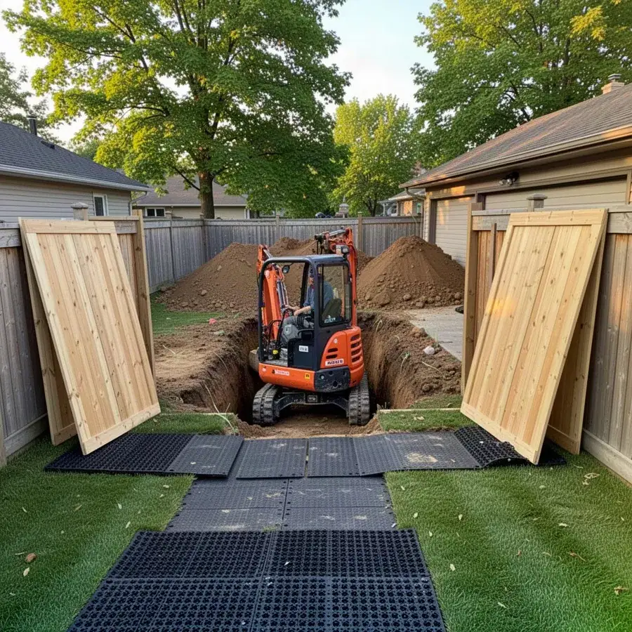 Mini excavator entering backyard for pool dig on ground mats
