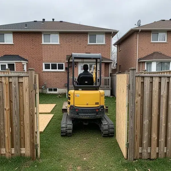 Mini excavator entering narrow backyard gate in Waterloo Region