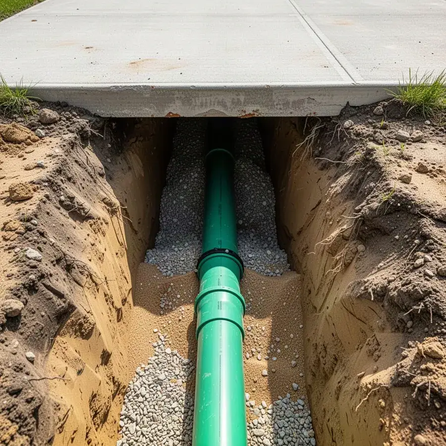 New PVC sewer lateral bedded in granular trench