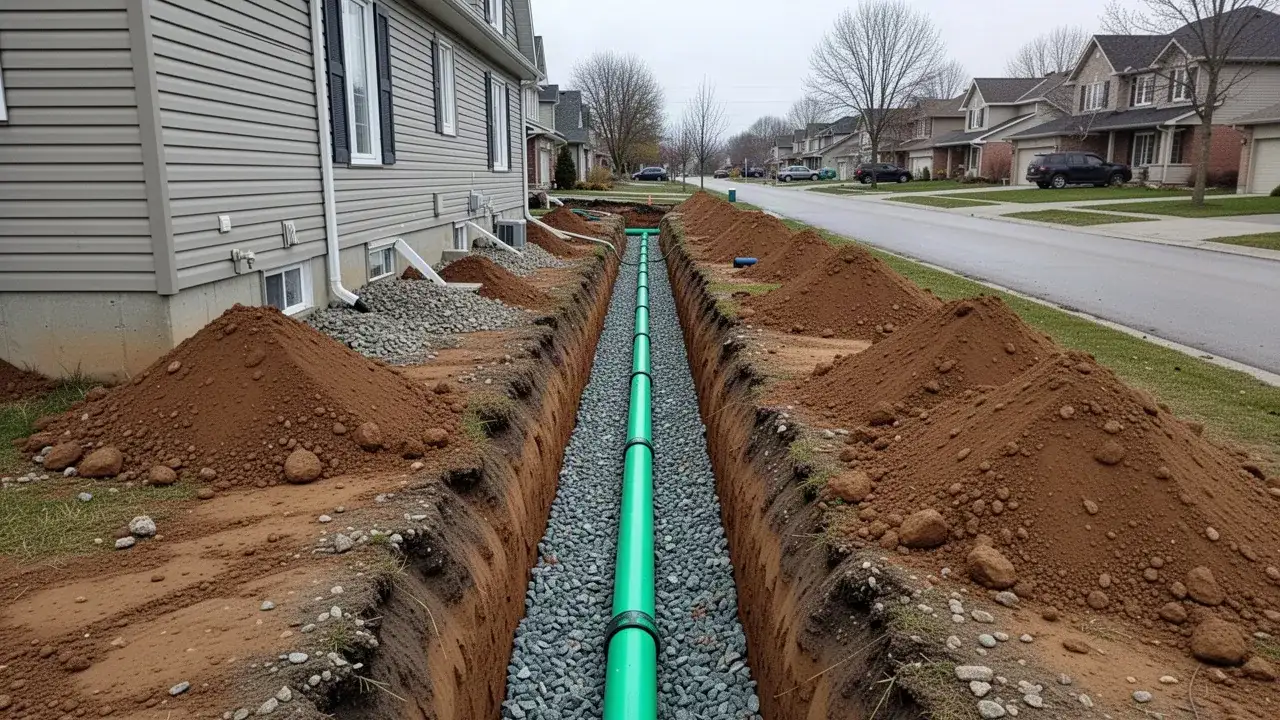 New sewer pipe bedded in clear stone trench in Cambridge