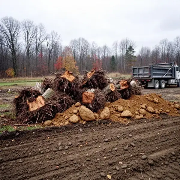 Pile of excavated tree stumps after lot clearing