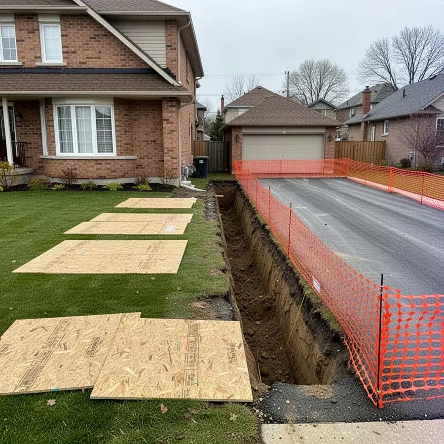 Plywood mats protecting lawn beside side yard trench in Cambridge